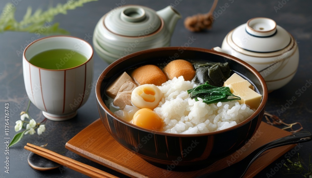 Traditional Japanese Winter Oden Dish with Rice and Green Tea in a Cozy Setting Traditional Japanese Winter Oden Dish with Rice and Green Tea in a Cozy Setting
