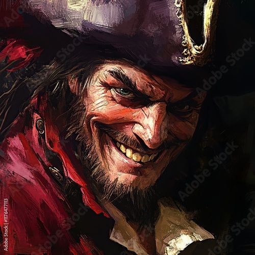 Close-up portrait of a cunning pirate captain. photo