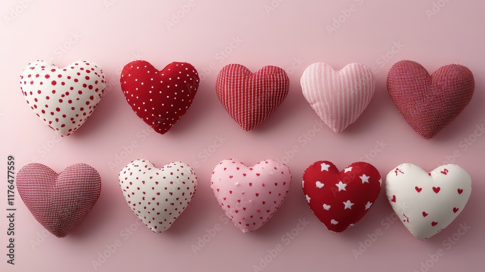 Fototapeta premium Charming Textile Hearts in Various Designs on Soft Pink Background Perfect for Valentine's Day Celebrations and Romantic Decor 199 Characters