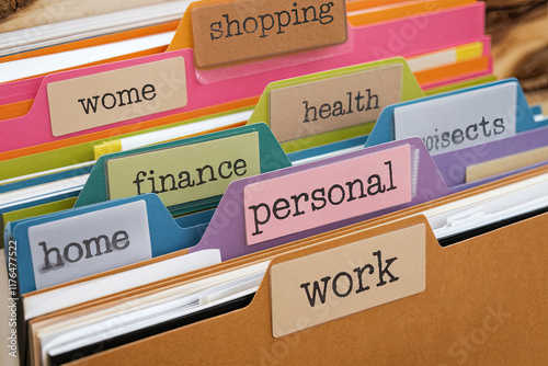 Stack of colorful folders labeled with work categories photo