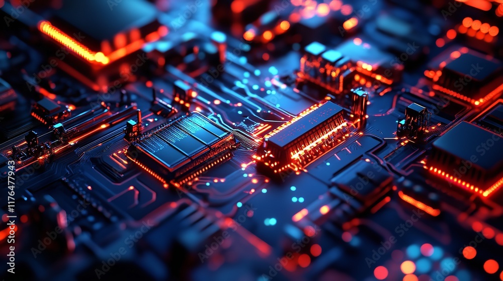 Close-Up of a Futuristic AI Interface with Glowing Neon Circuit Board Background, Highlighting Intricate Details of Artificial Intelligence Technology in a High-Tech Setting


