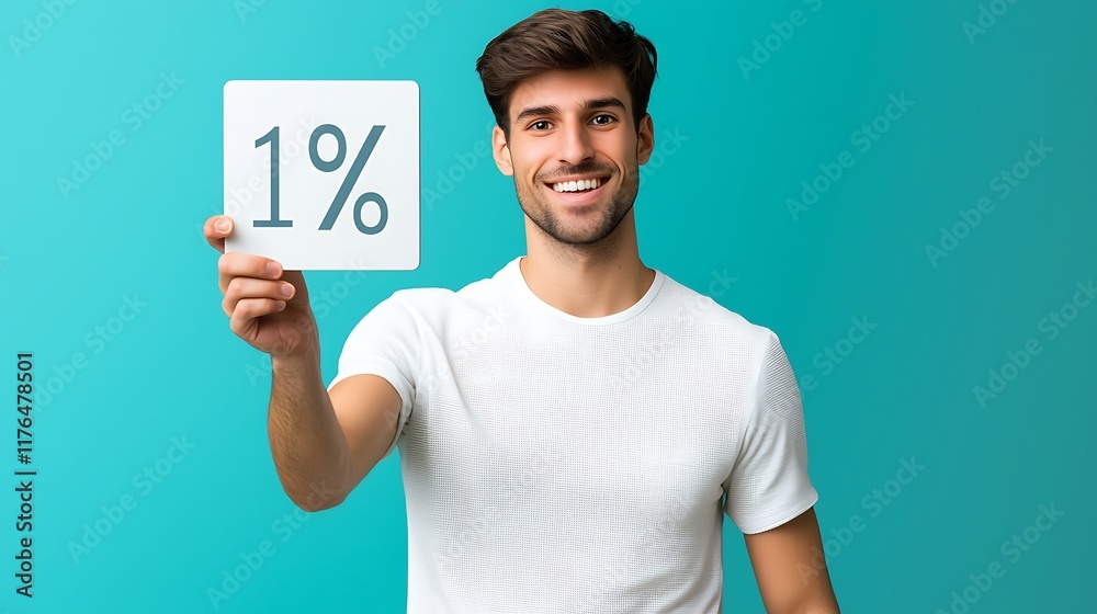 Happy man holding a sign with 1% on a blue background.