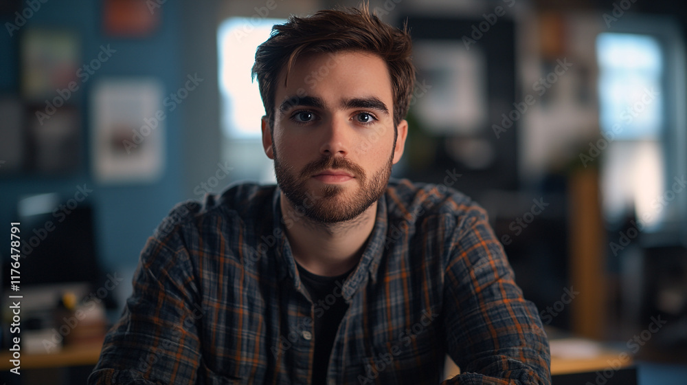 Focused young man with short hair and beard seated indoors in a cozy setting Focused young man with short hair and beard seated indoors in a cozy setting
