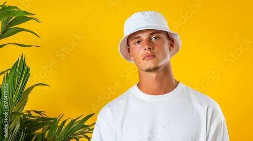 A young man wearing a white bucket hat and a plain white t-shirt is featured against a vibrant yellow backdrop.