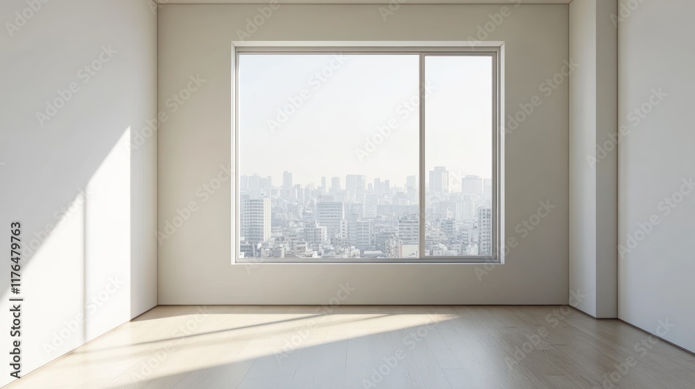 Obraz premium A minimalist room with a large window showcasing a city skyline view.