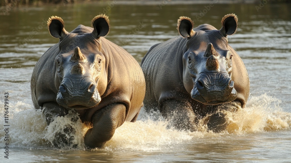 Two rhinoceroses charge through shallow water, splashing. Two rhinoceroses charge through shallow water, splashing.