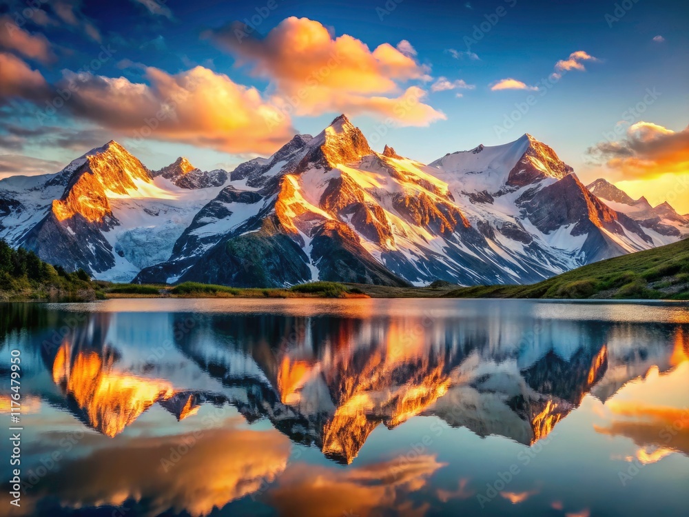 Fototapeta premium Majestic Snowcapped Mountain Lake Sunset Aerial Photography - Calm Water Reflection