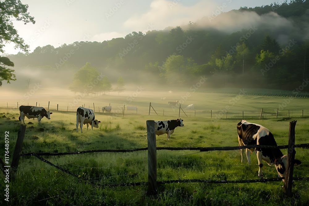Misty sunrise illuminates a peaceful pasture. Several black and white cows graze contentedly amidst rolling green hills and a wire fence. Tranquil rural landscape. Misty sunrise illuminates a peaceful pasture. Several black and white cows graze contentedly amidst rolling green hills and a wire fence. Tranquil rural landscape.