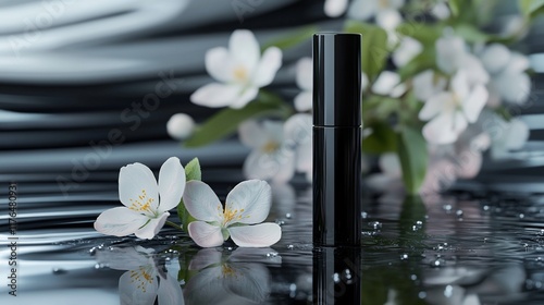 Black cosmetic tube, spring blossoms, water reflection, beauty product photo