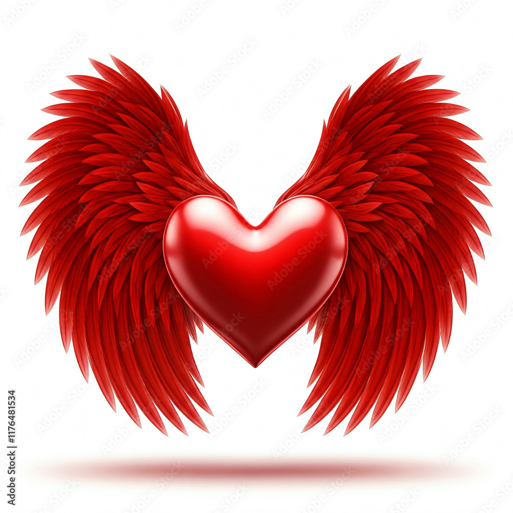 Fototapeta premium Red heart with wings isolated on white background