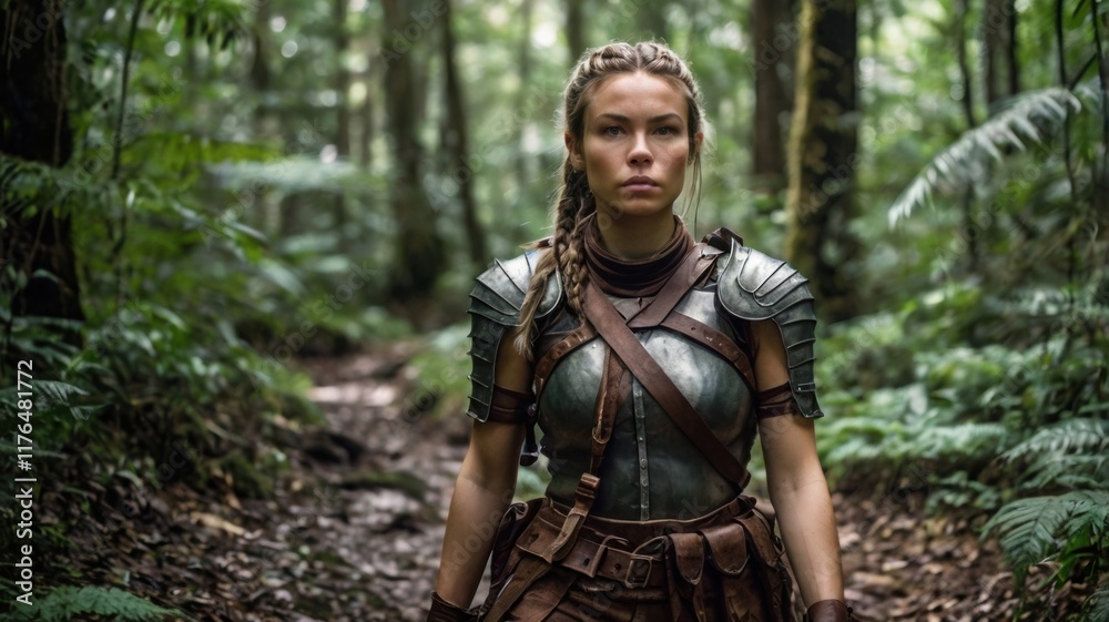A female adventurer with braided hair and leather armor trekking through a dense forest A female adventurer with braided hair and leather armor trekking through a dense forest