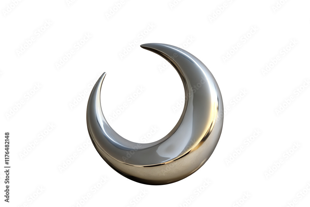 Polished Metallic Crescent Moon Sculpture on Transparent Background