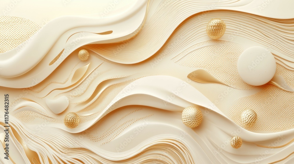 Obraz premium Light beige and gold-toned abstract geometric background with wave and dune patterns. Elegant central display for high-end products.