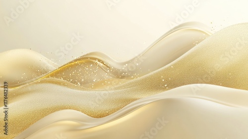Light beige background with abstract geometric liquid shapes, featuring golden mountains and flowing sand dunes. Luxurious product display platform with elegant gold accents