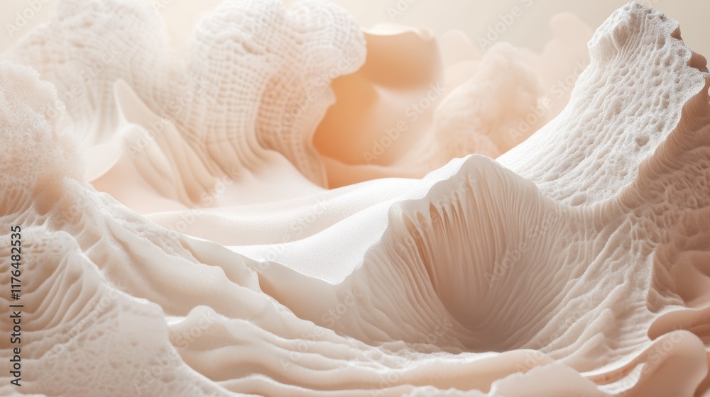 Light, floating beige and peach powders create a dreamy composition with textured 3D forms softly blending into a neutral space. Light, floating beige and peach powders create a dreamy composition with textured 3D forms softly blending into a neutral space.