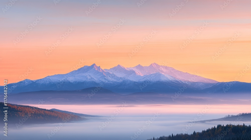 Miedziane peak illuminated by the warm glow of sunrise, with Szpiglasowa Przelecz and the rugged Tatras stretching out beneath a pastel- Miedziane peak illuminated by the warm glow of sunrise, with Szpiglasowa Przelecz and the rugged Tatras stretching out beneath a pastel-