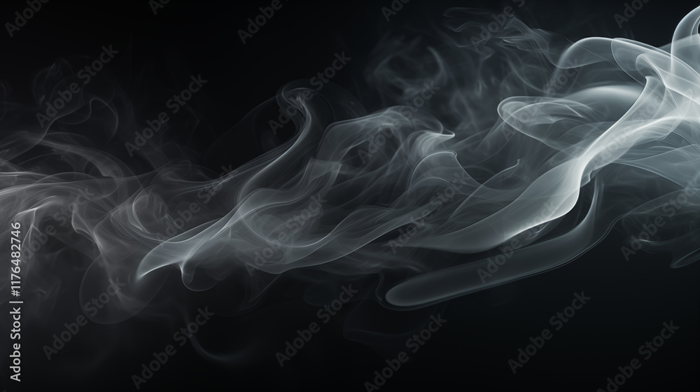Fototapeta premium Smoke clouds, steam mist fog and white foggy vapor. Realistic smoke particles isolated on black background. Beautiful swirling gray smoke.