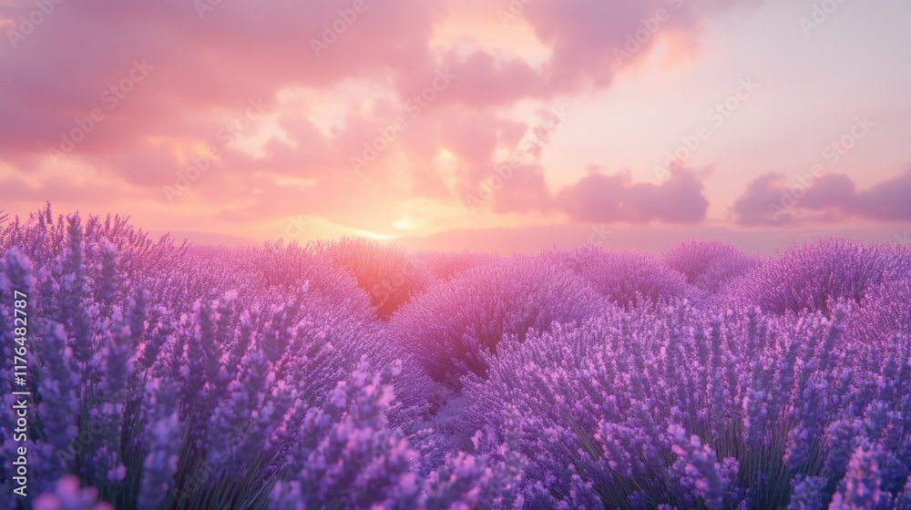 Fototapeta premium Lavender Field at Dusk, vibrant purple blooms stretching across the landscape, soft pink hues enveloping the sky, peaceful and serene ambiance