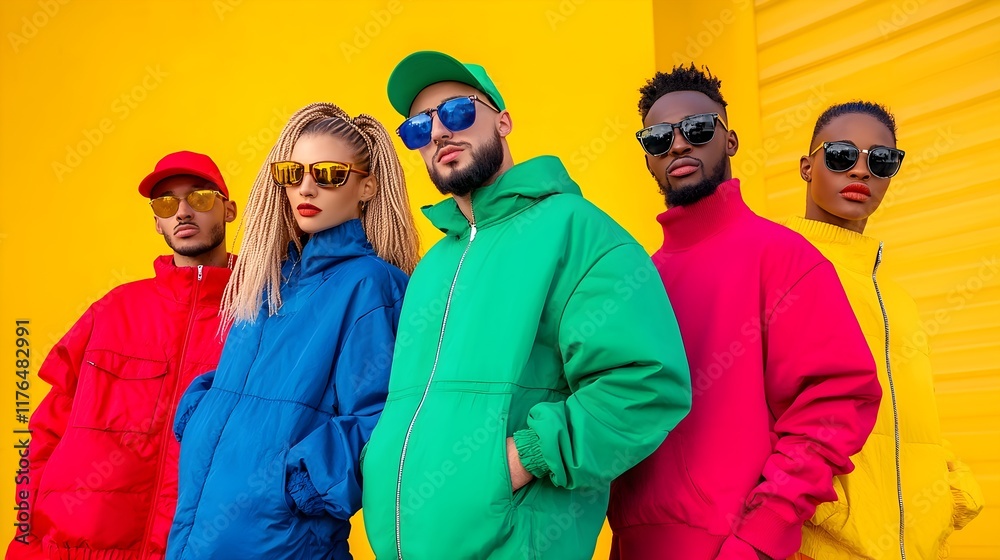 Diverse Group in Vibrant 80s-Inspired Jackets Against a Yellow Background Diverse Group in Vibrant 80s-Inspired Jackets Against a Yellow Background