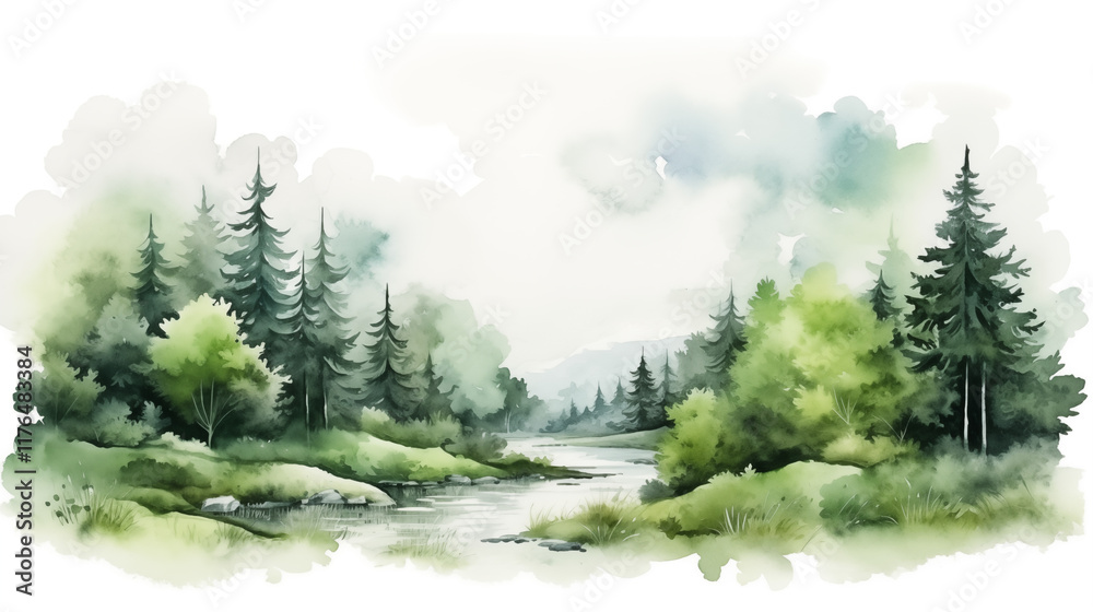 Fototapeta premium green forest depicted in a watercolor painting. Ideal for nature-themed designs