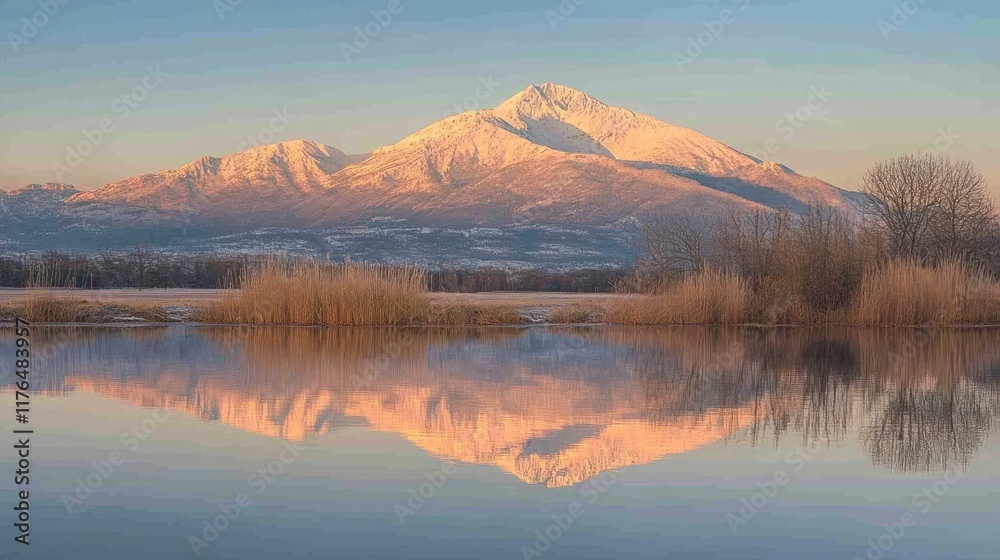 Mount Legnone's snowy peak highlighted by golden sunrise hues, mirrored in the clear, undisturbed floodplain of Pian di Spagna.