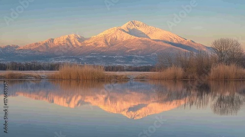 Obraz na płótnie Mount Legnone's snowy peak highlighted by golden sunrise hues, mirrored in the clear, undisturbed floodplain of Pian di Spagna. w salonie