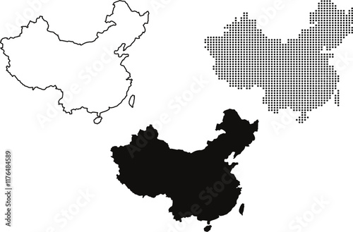 Stylized China Map Variations: Minimal Outline, Dotted Grid, and Solid Shadow Designs