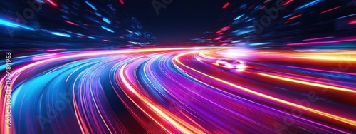 Neon Speedway, a vibrant racetrack illuminated by neon lights, featuring sleek, glowing vehicles racing at exhilarating speeds.