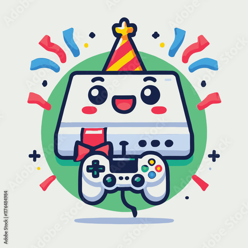 cartoon of a cheerful video game console with a white background