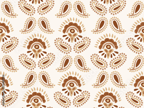 Ethnic hand painted paisley motif in a neutral subtle palette of dark brown, tan brown and beige on off white background. A seamless vector pattern. Great for home decor, fabric, wallpaper, gift wrap.