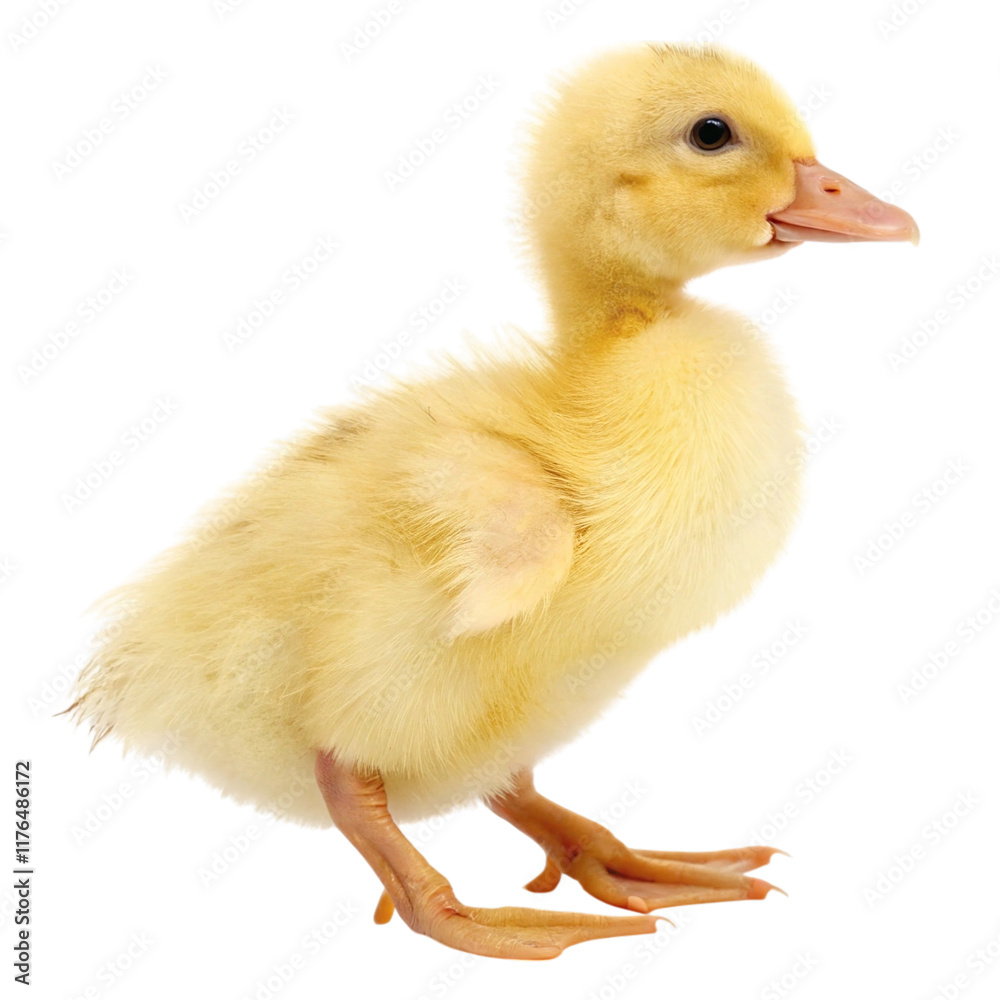A fluffy, yellow duckling stands profile view against a pure white background. A fluffy, yellow duckling stands profile view against a pure white background.