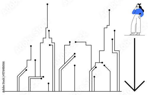 Abstract cityscape lines with upward connections, person thinking, large arrow pointing down. Ideal for urban development, technology, innovation, decision-making, progress, strategic planning