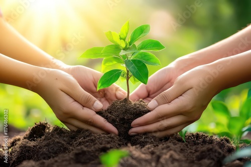 A family working together to plant trees in a community garden, contributing to an eco-friendly cause through CSR initiatives. photo