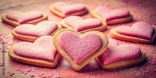 Vintage Pink Background Heart Cookies - Sweet Treats Stock Photo