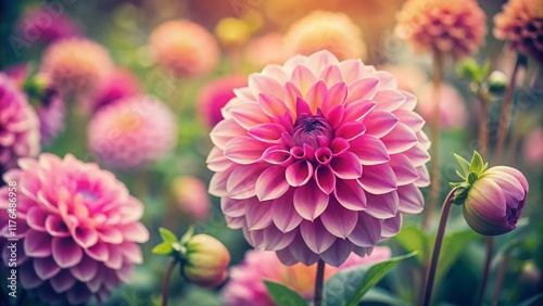 Vintage Pink Dahlia Bloom in Garden - Botanical Photography