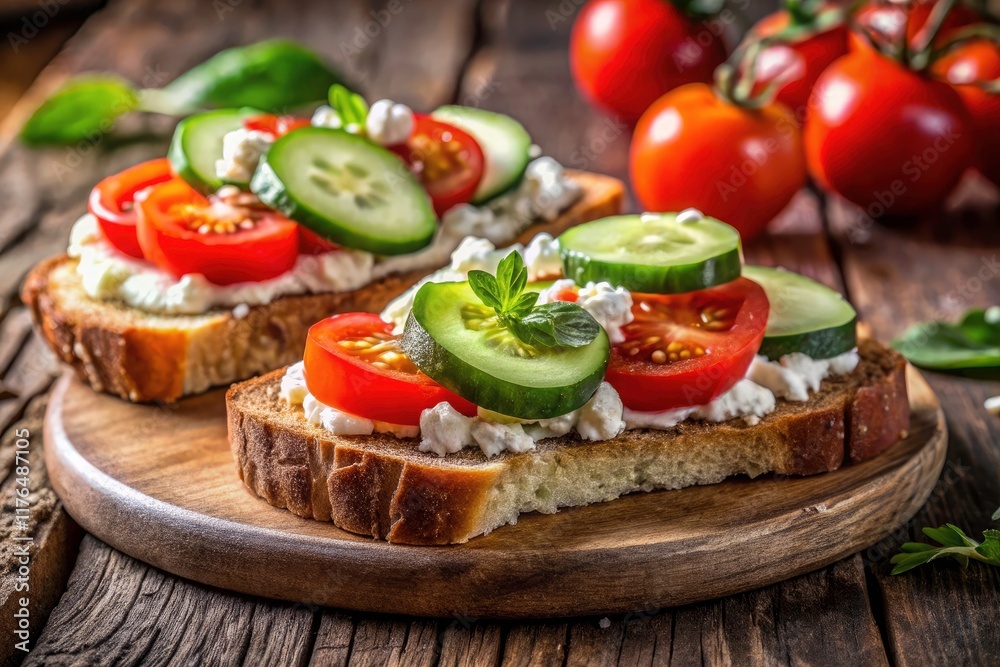 Open Faced Feta Tomato Cucumber Sandwich - Delicious Mediterranean Recipe Photography Open Faced Feta Tomato Cucumber Sandwich - Delicious Mediterranean Recipe Photography