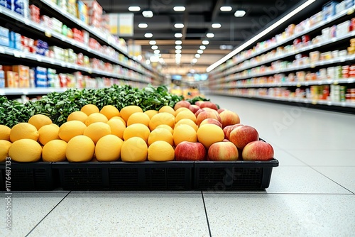 Abstract background blurred photograph of an aisle with shelves in bright modern drugstore at supermarket shopping center , isolated on white background,  , copy space for text, photo