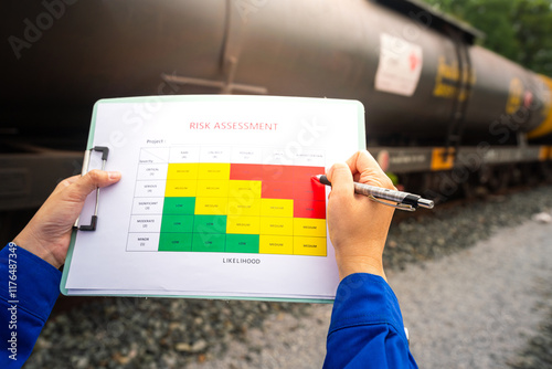 Action of a worker is perform safety risk assessment in the color matrix form for crude oil freight tanker train transportation. Industrial and business working scene, close-up with selective focus.