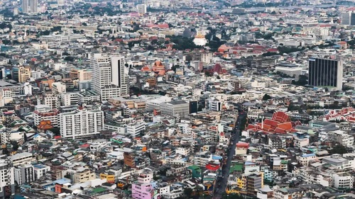 Aerial view of Bangkok Pom Prap Sattru Phai district at dawn. Low-rise buildings of the old city in historical center. photo