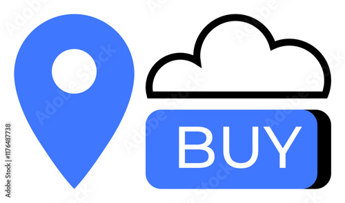 Blue location pin next to cloud symbol and BUY button. Ideal for e-commerce, geolocation services, cloud computing, online shopping, digital marketing, technology, business development. Line metaphor