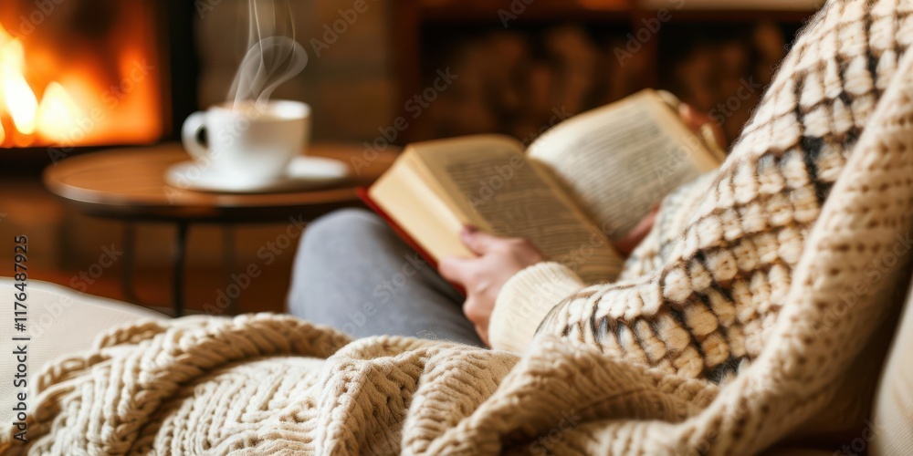 A cozy scene with a person reading a book by a warm fireplace, enjoying a cup of coffee. A cozy scene with a person reading a book by a warm fireplace, enjoying a cup of coffee.