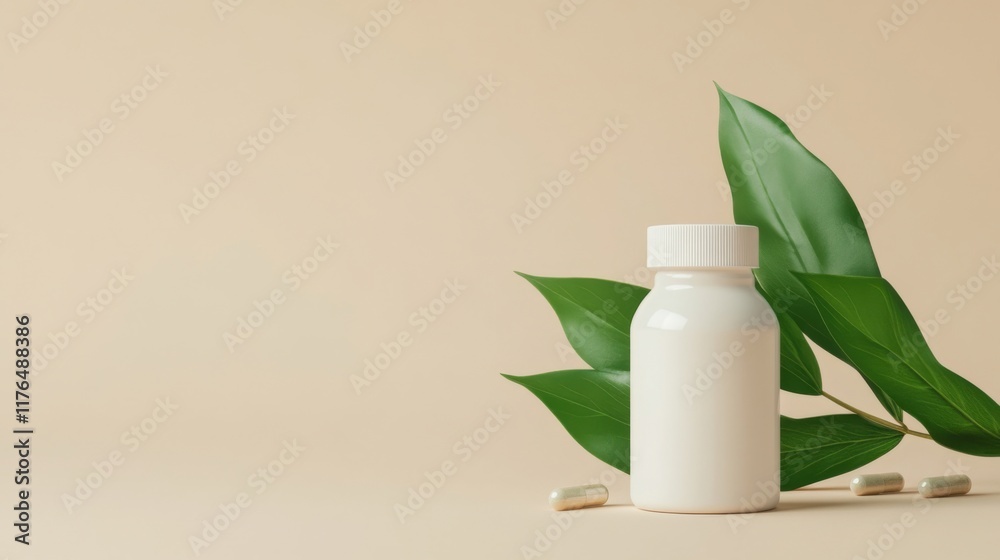 a bottle of pills and a green leaf a bottle of pills and a green leaf