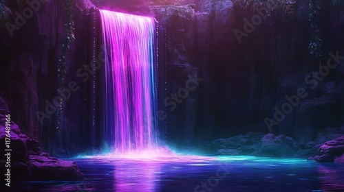 Neon Cascade, a vibrant waterfall illuminated in neon hues, flowing into a radiant, shimmering pool below.