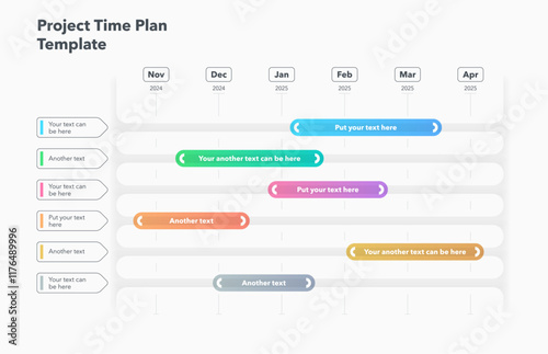 Project time plan template with six project tasks in time intervals. Can be used for your website or presentation.