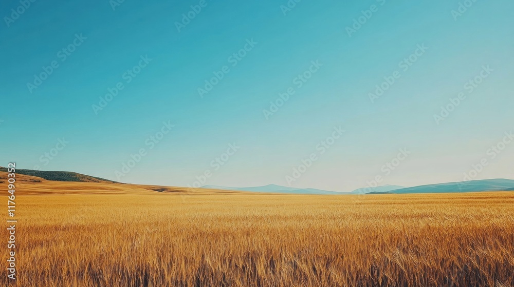 Fototapeta premium Golden wheat field swaying gently in the breeze, vibrant blue sky above, evoking feelings of tranquility and abundance