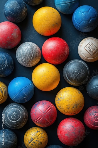 Many worn, colorful bocce balls.