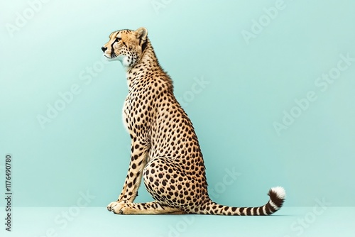 Cheetah sitting, profile view, light blue background, wildlife photography, nature stock photo