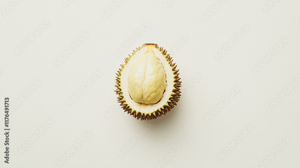 A durian fruit halved, showcasing its creamy interior against a plain background. A durian fruit halved, showcasing its creamy interior against a plain background.
