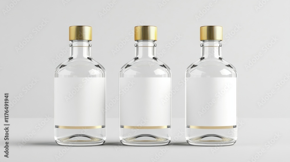 three empty bottles with a gold cap on a table three empty bottles with a gold cap on a table