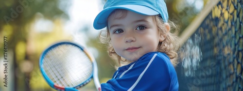 Young athlete in tennis gear, playfully posing with a toy racket by a miniature net, showcasing early sports enthusiasm and joy. photo